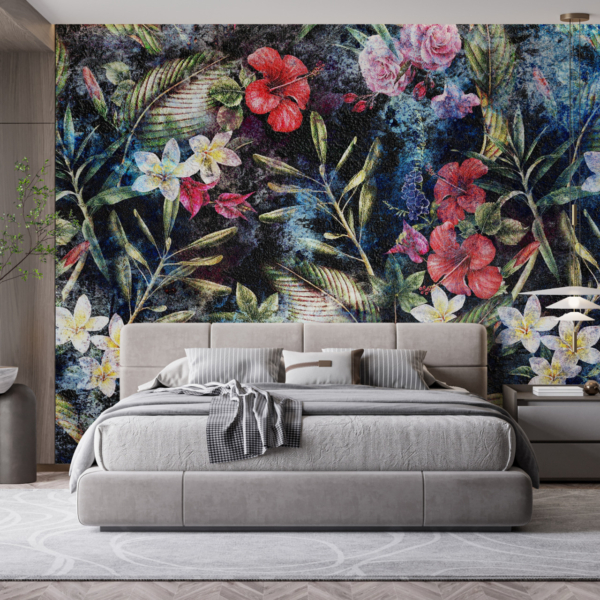 Nástěnná malba barevných květin na tmavém pozadí