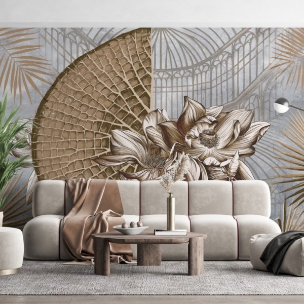 Nástěnná malba květu lilie a palmových listů