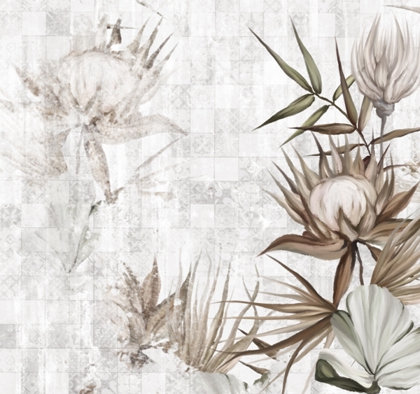 Nástěnná malba Květiny na vybledlé šachovnici