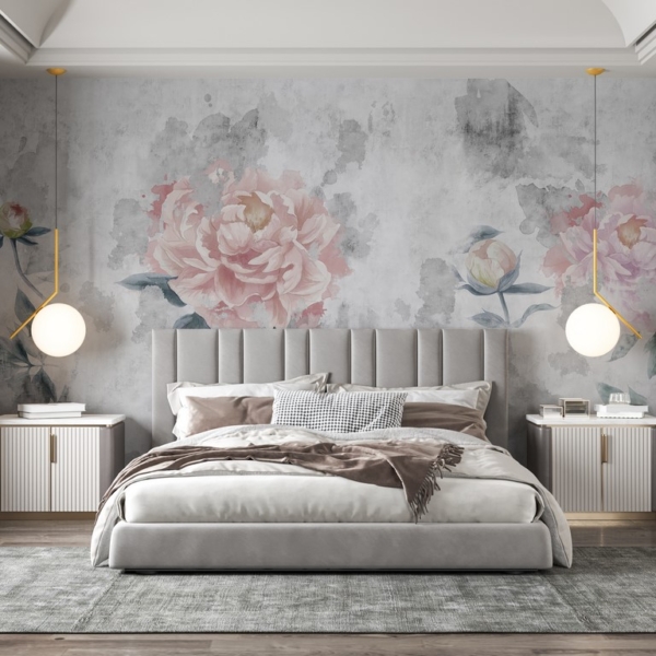 Fototapeta Růžové květy pivoněk na šedém pozadí