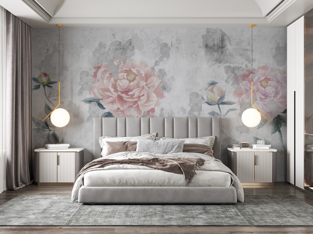 Fototapeta Růžové květy pivoněk na šedém pozadí