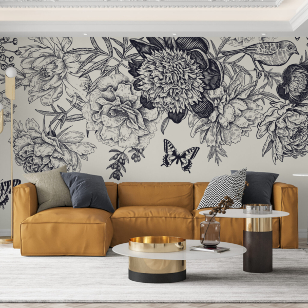 Nástěnná malba Květiny a motýli