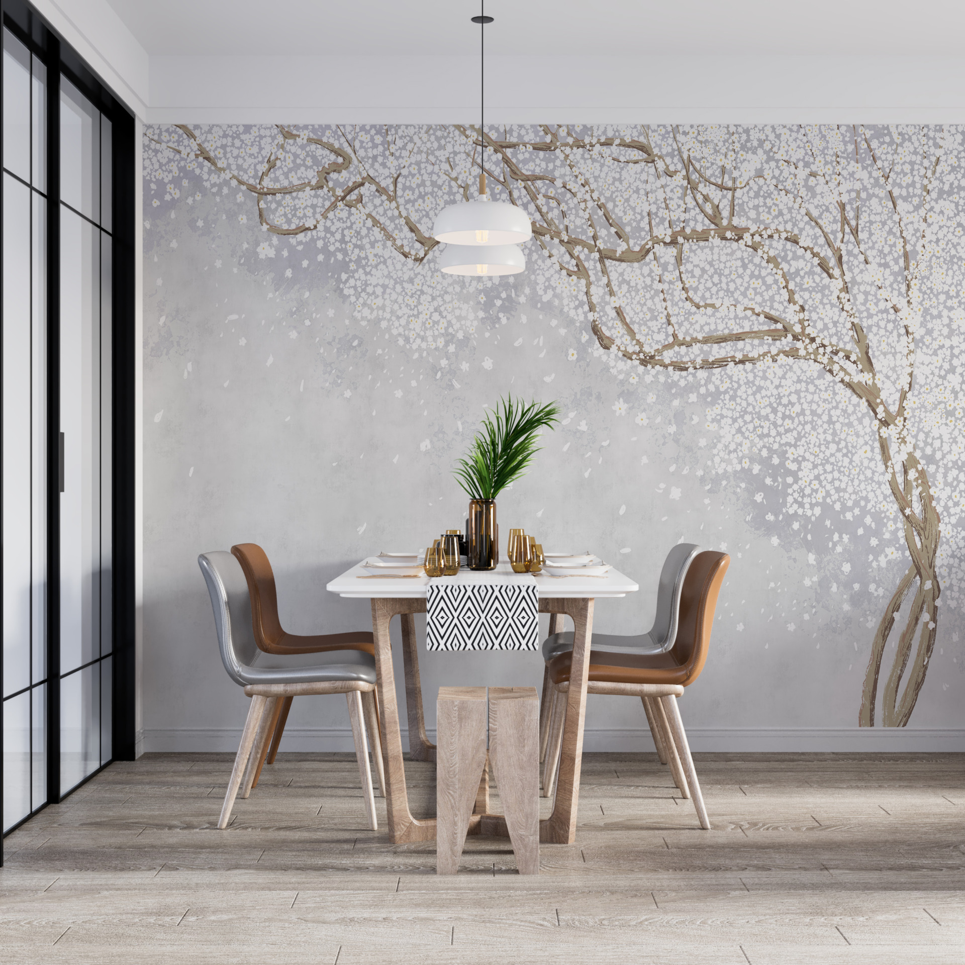 Nástěnná malba kvetoucího stromu Sakura