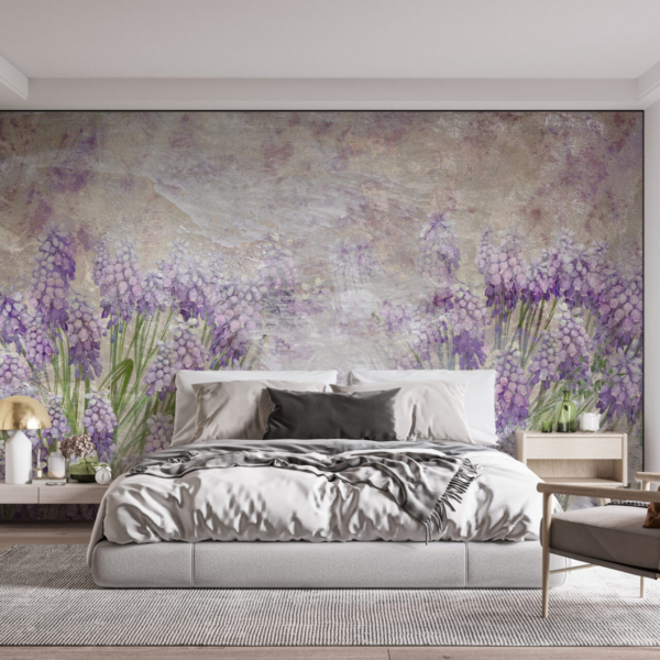 Nástěnná malba louky s fialovými květy