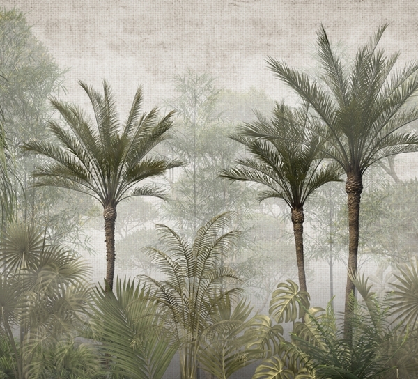 Nástěnná malba lesa vysokých palem v mlze