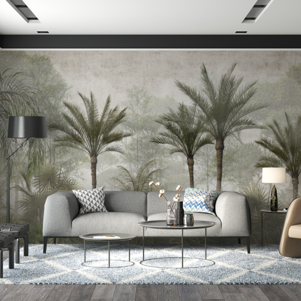 Nástěnná malba lesa vysokých palem v mlze