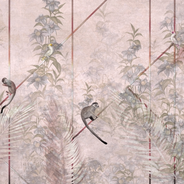 Nástěnná malba opic na růžovém pozadí