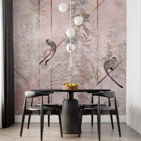 Nástěnná malba opic na růžovém pozadí