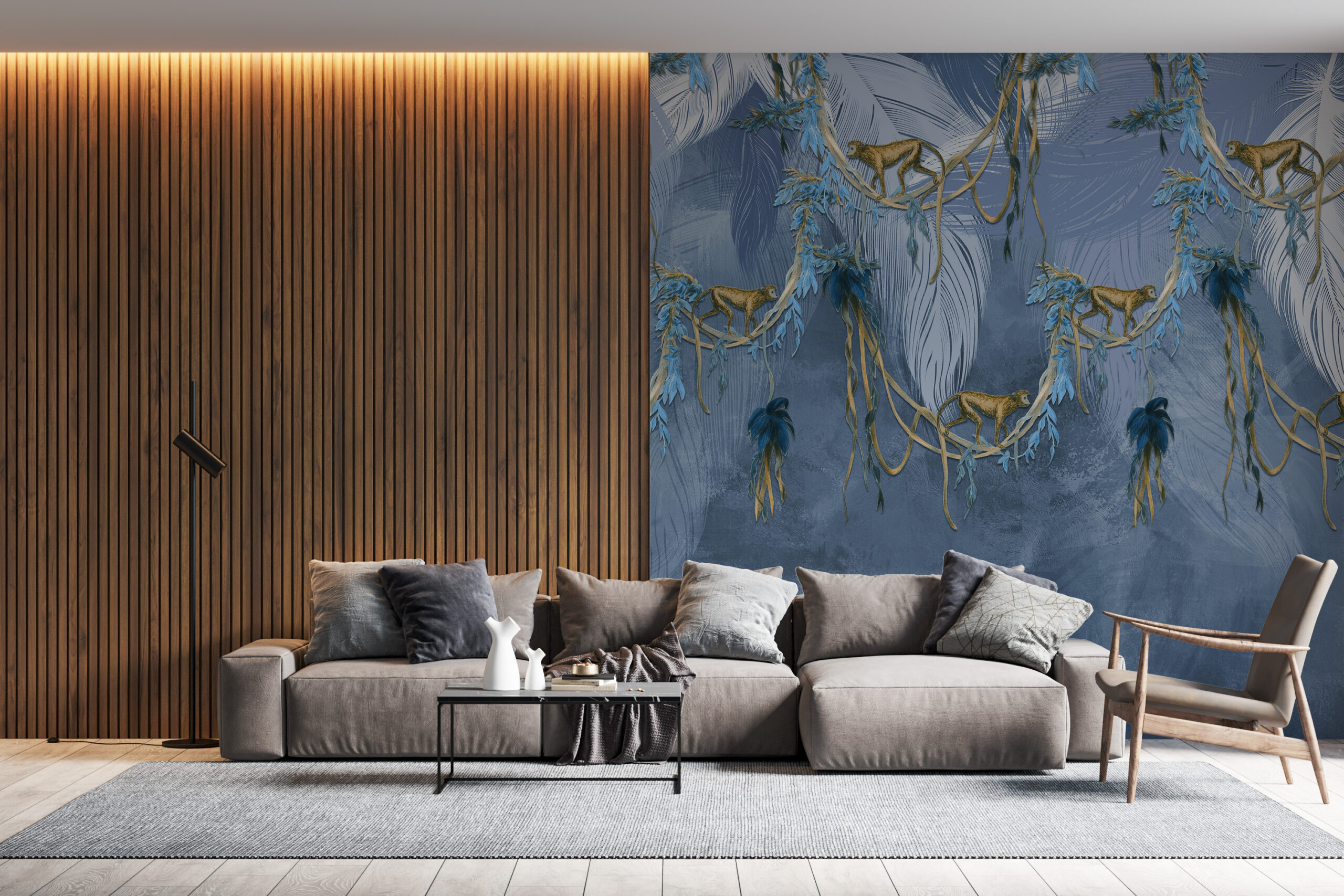 Nástěnná malba opic v modrém