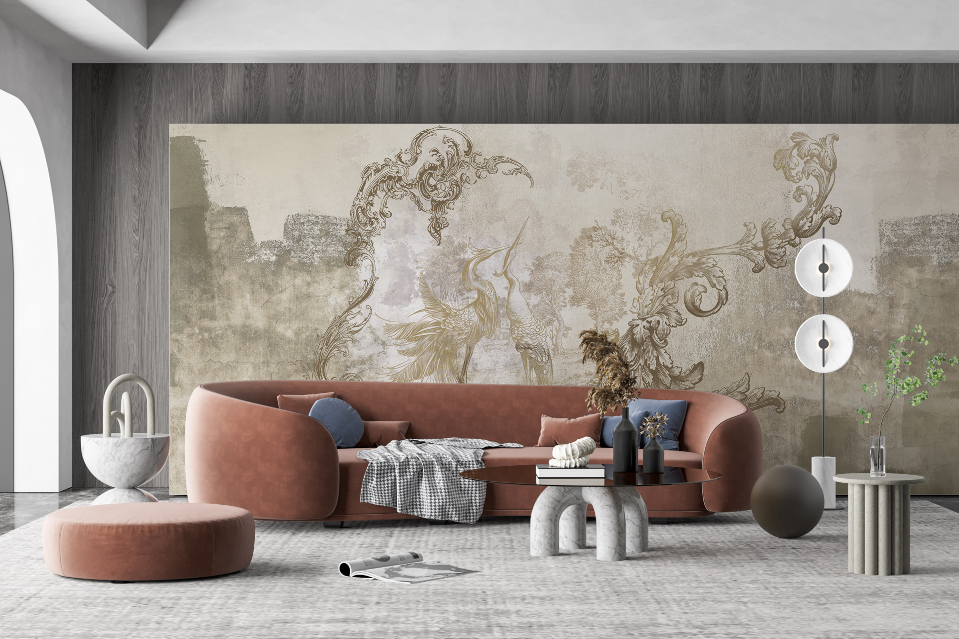 Nástěnná malba rostlinného motivu v sépiové barvě