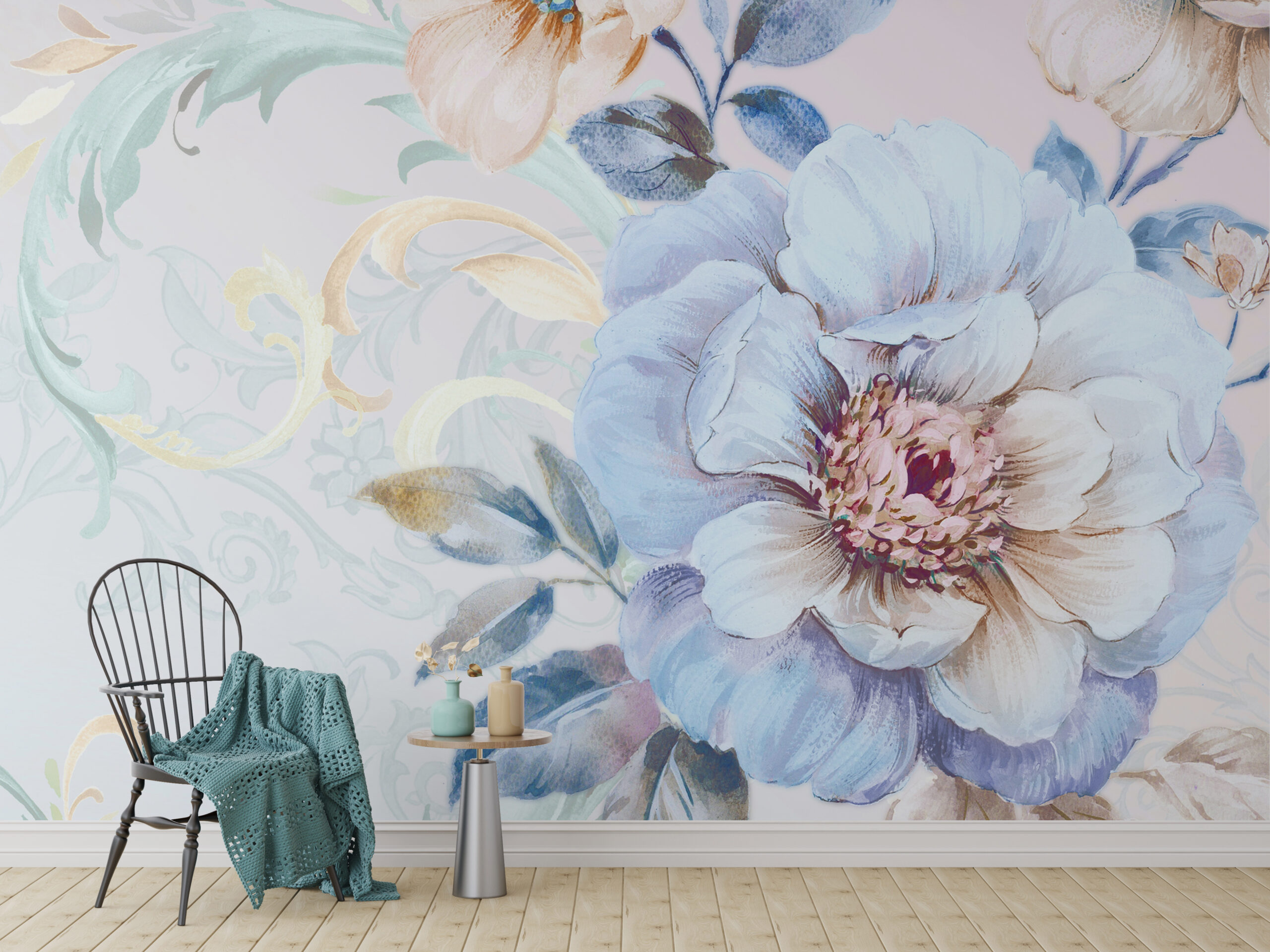 Modrá květinová nástěnná malba