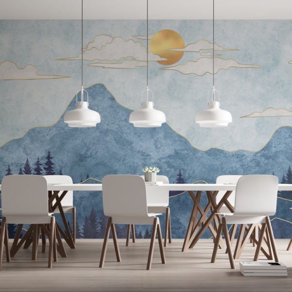 Nástěnná malba Modré hory se zlatou nití