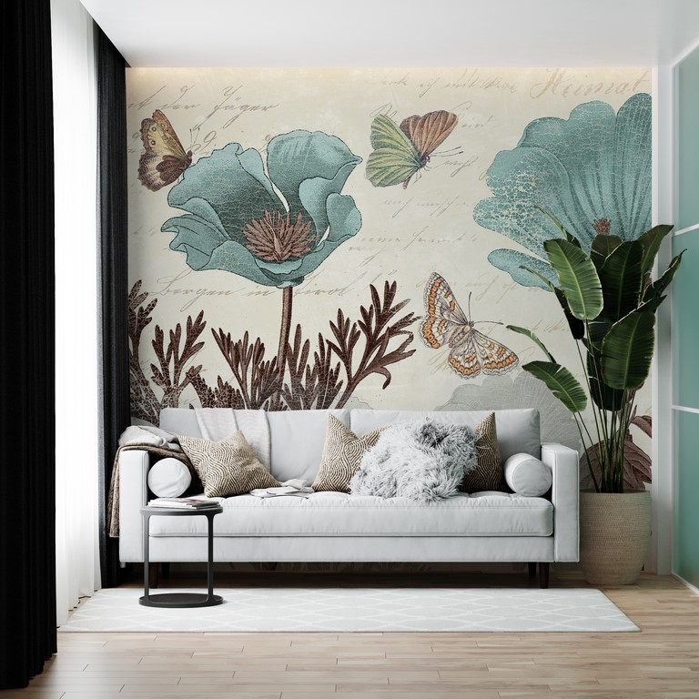 Nástěnná malba Modré květiny a motýli
