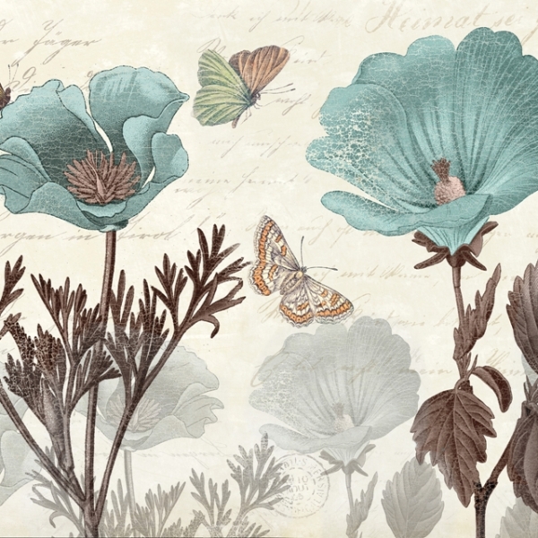 Nástěnná malba Modré květiny a motýli