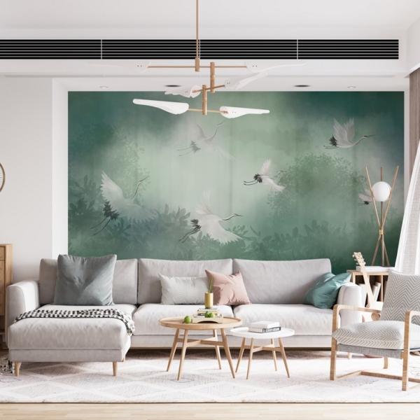 Nástěnná malba: Mlžní jeřábi v letu