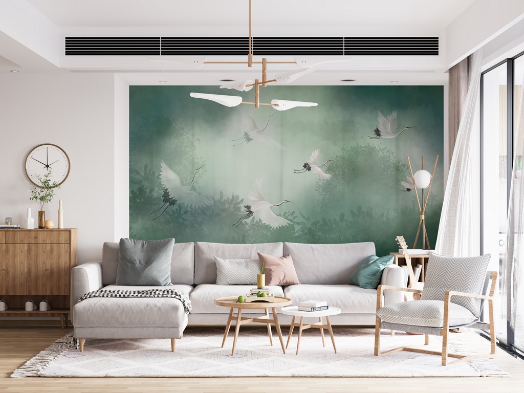 Nástěnná malba: Mlžní jeřábi v letu