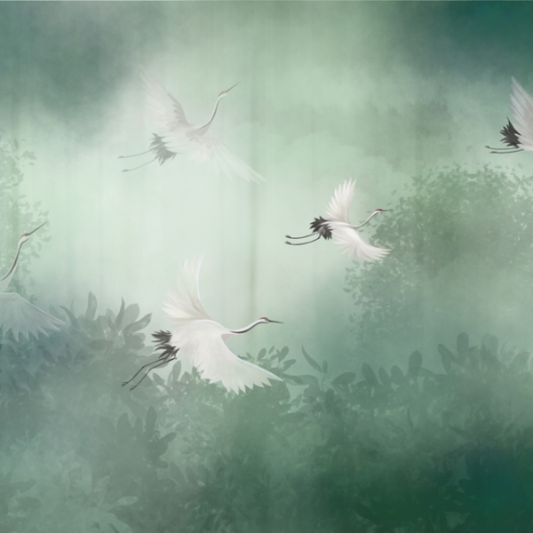 Nástěnná malba: Mlžní jeřábi v letu