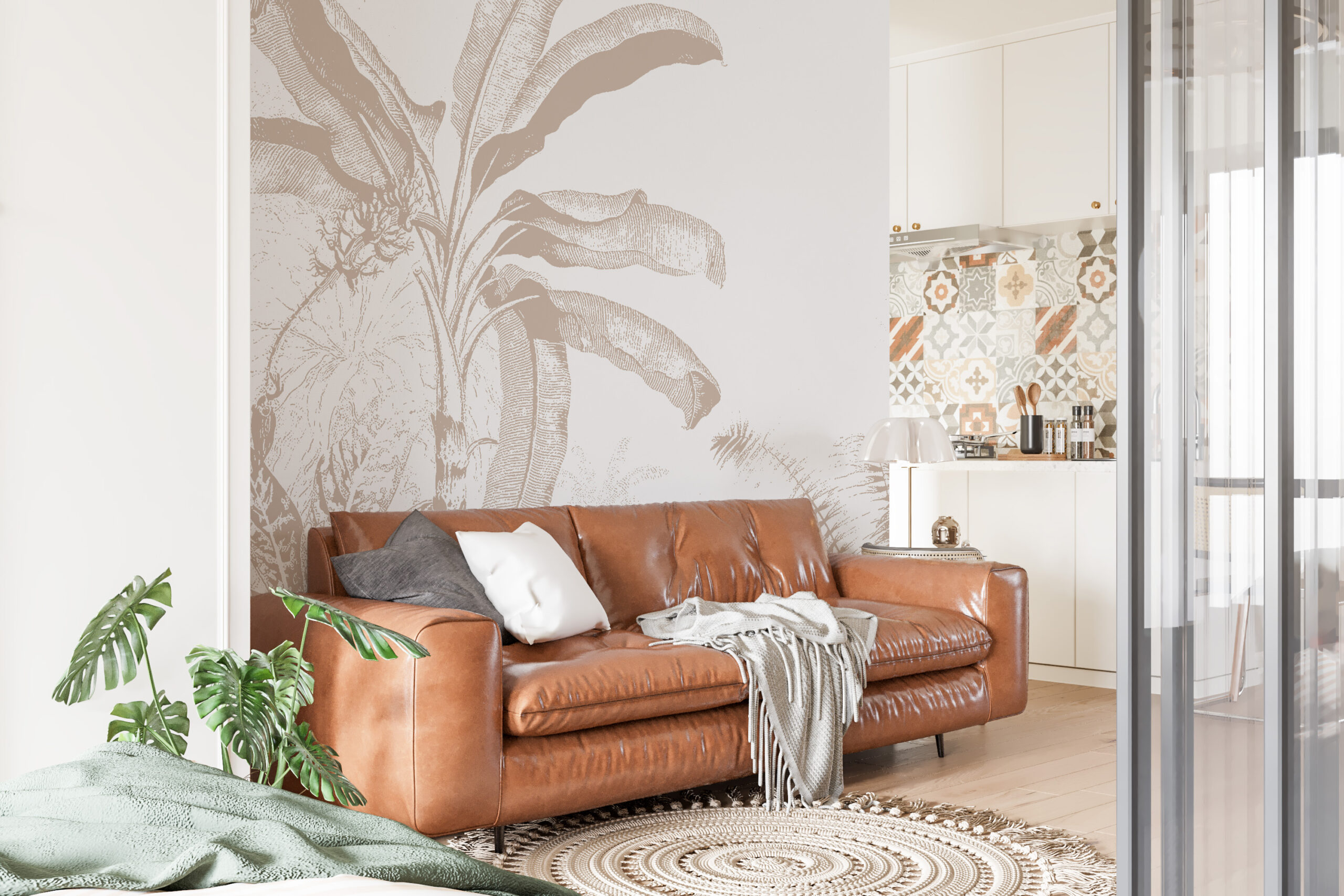 Nástěnná malba palmy na bílém pozadí