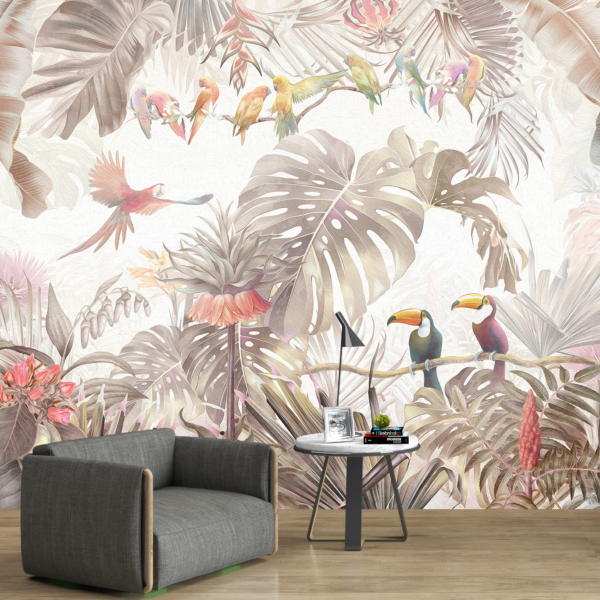 Nástěnný papoušek a listy monstery