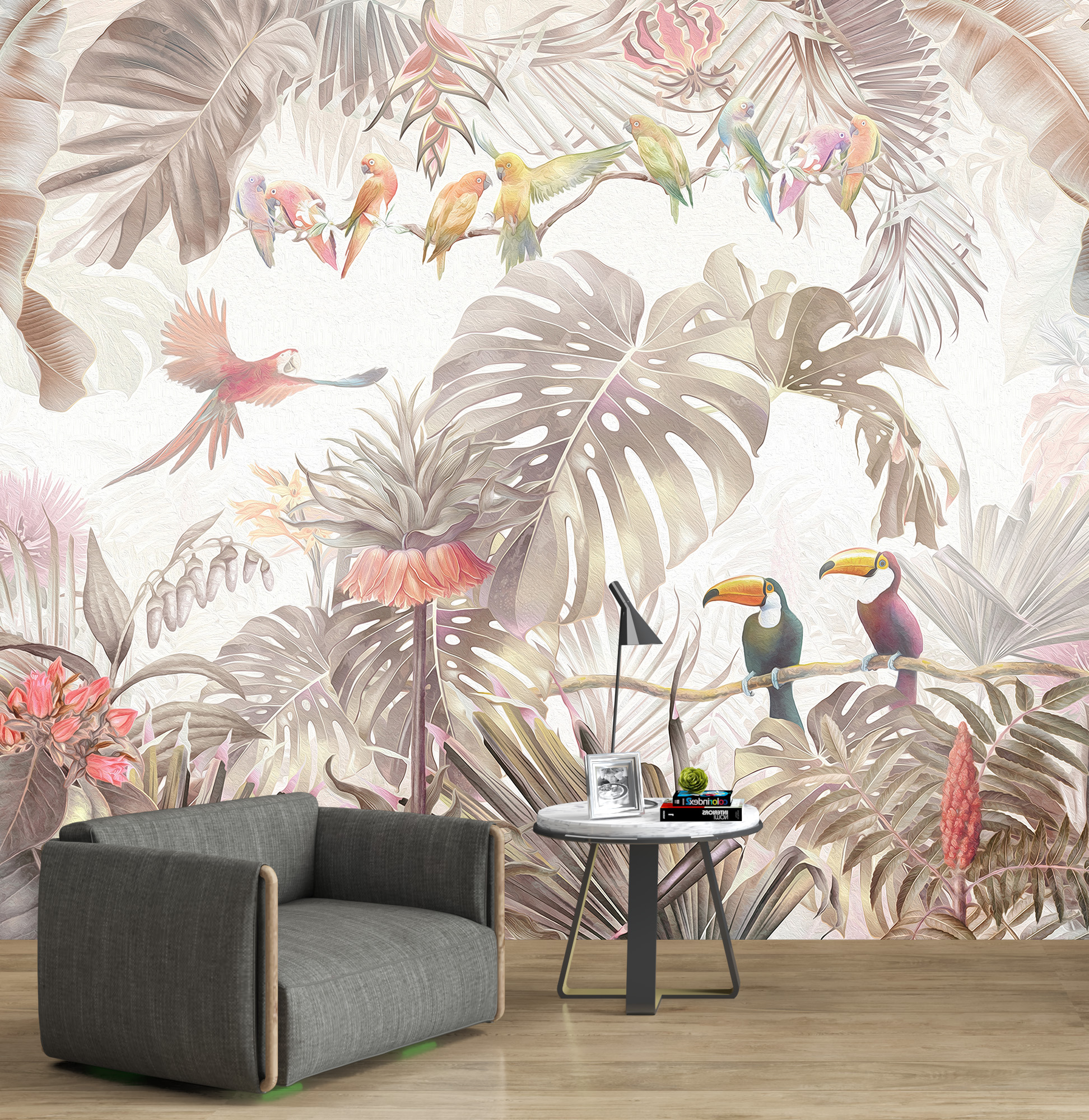 Nástěnný papoušek a listy monstery