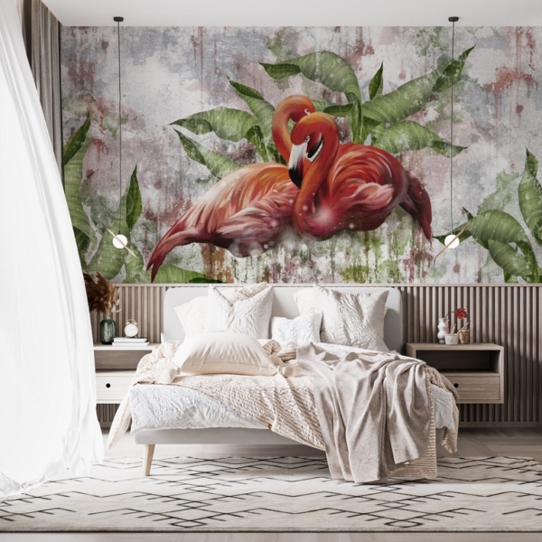 Nástěnná malba páru červených plameňáků