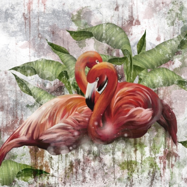 Nástěnná malba páru červených plameňáků