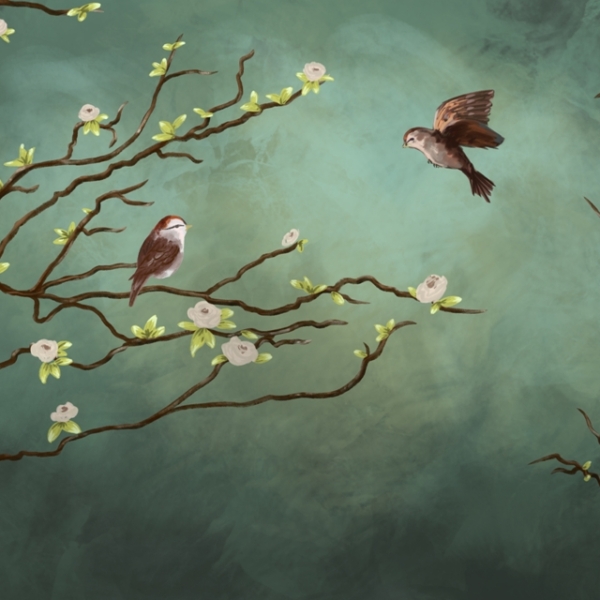 Nástěnná malba dvojice ptáků na rozkvetlém stromě