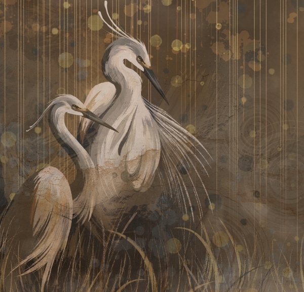 Nástěnná malba dvojice jeřábů