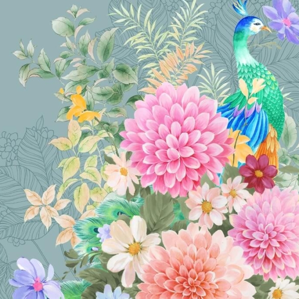 Nástěnná malba Páv v květinách