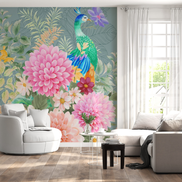 Nástěnná malba Páv v květinách