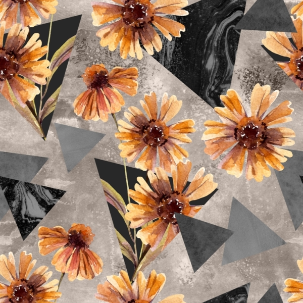 Nástěnná malba Oranžové květiny a šedé trojúhelníky