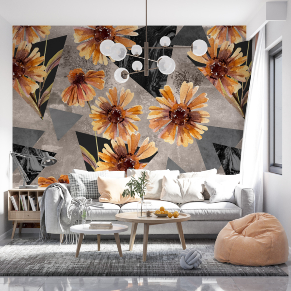 Nástěnná malba Oranžové květiny a šedé trojúhelníky
