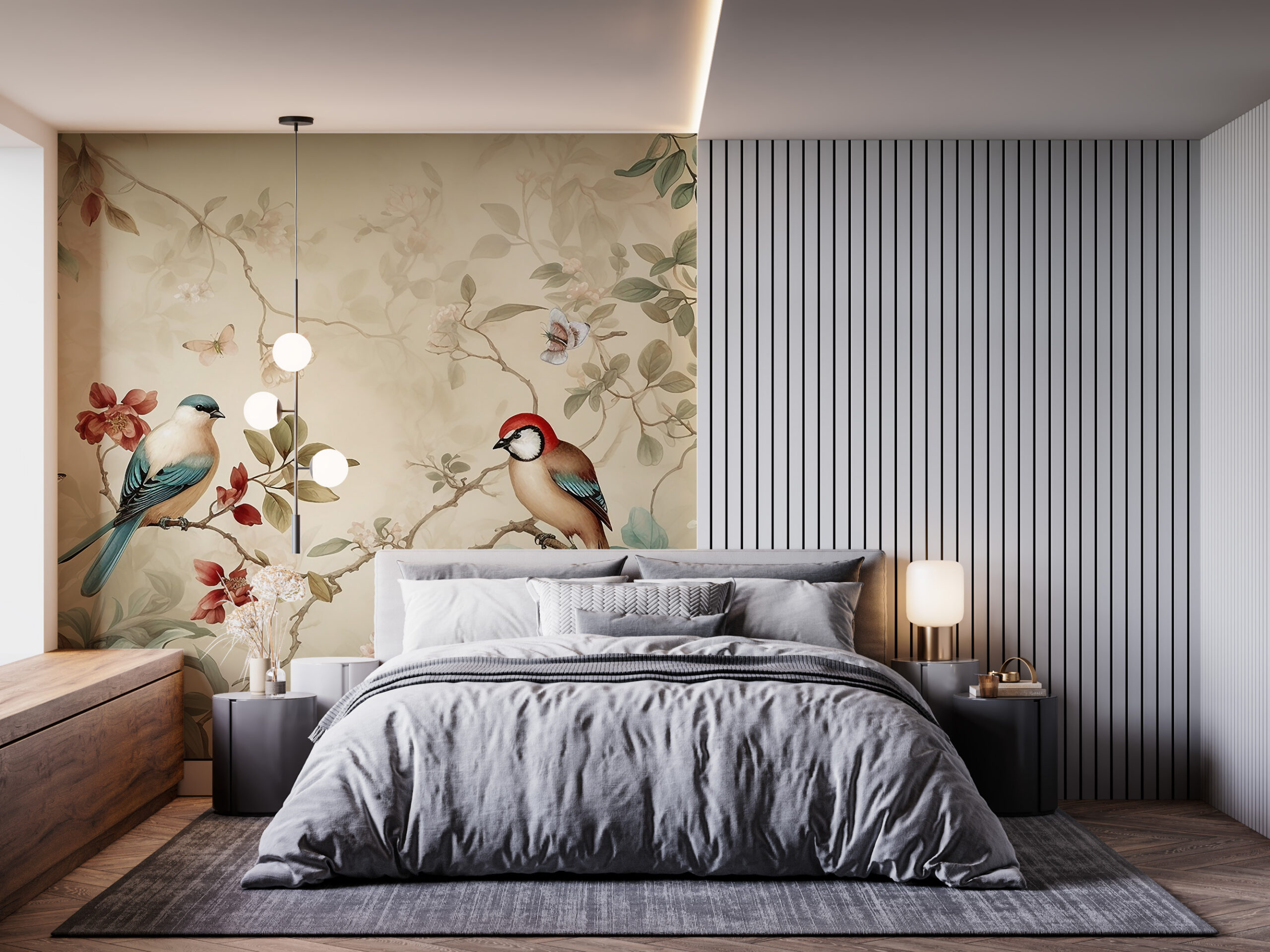 Nástěnná malba Ptáci na kvetoucím stromě