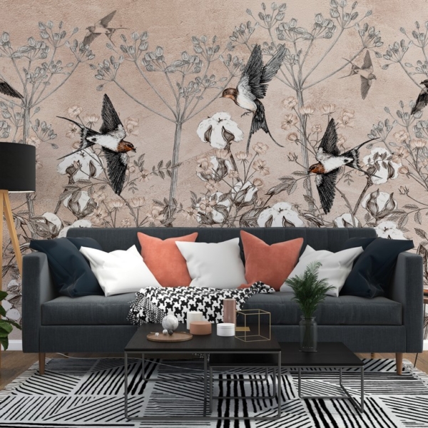 Nástěnná malba Ptáci v květech bavlny