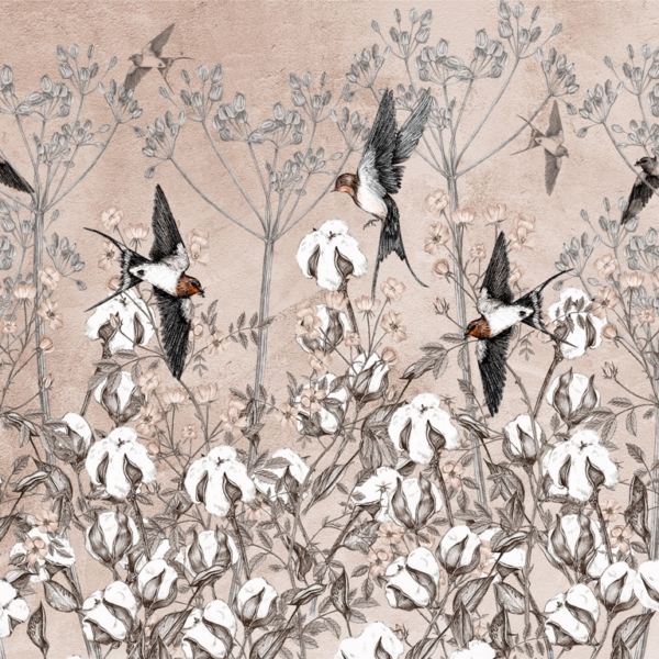 Nástěnná malba Ptáci v květech bavlny