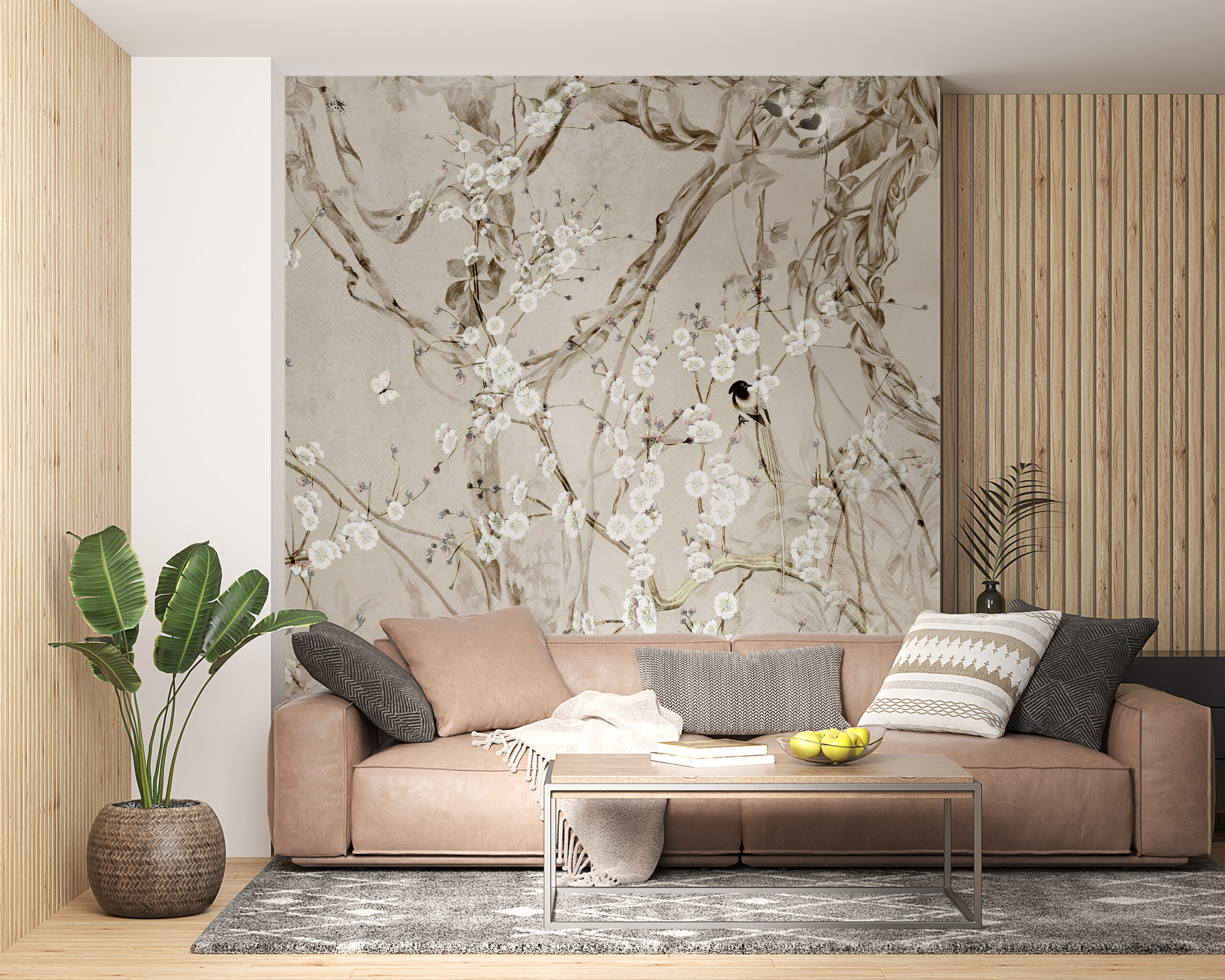 Nástěnná malba Ptáci mezi květinami