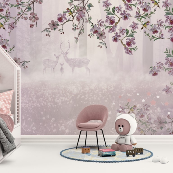 Nástěnná malba jelení rodiny ve fialové barvě