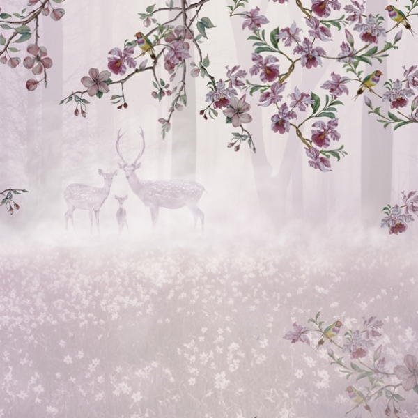 Nástěnná malba jelení rodiny ve fialové barvě