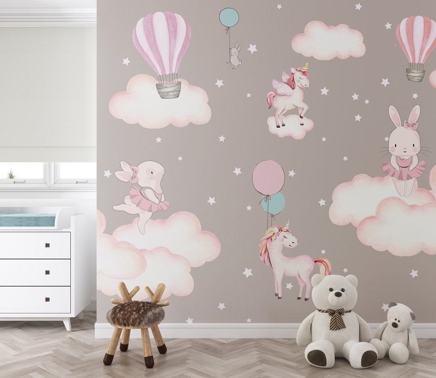 Nástěnná malba Růžoví zajíčci a jednorožci