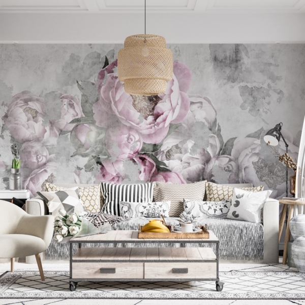 Fototapeta růžové pivoňky rozmazané v šedé barvě