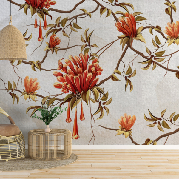 Nástěnná malba červených květů na bílém pozadí