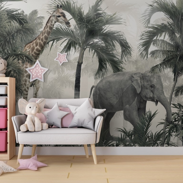 Nástěnná malba slona a žirafy v džungli