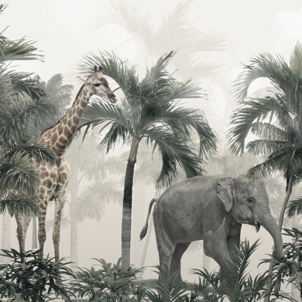 Nástěnná malba slona a žirafy v džungli
