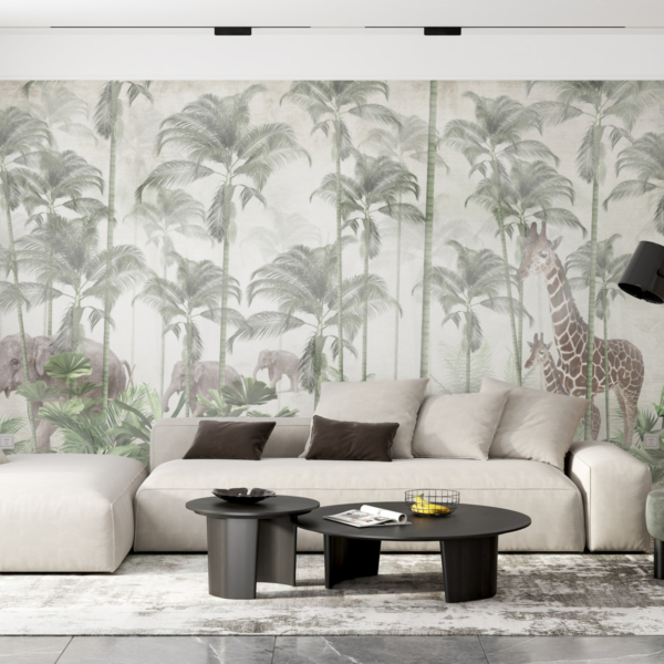 Nástěnná malba chodících žiraf a slonů