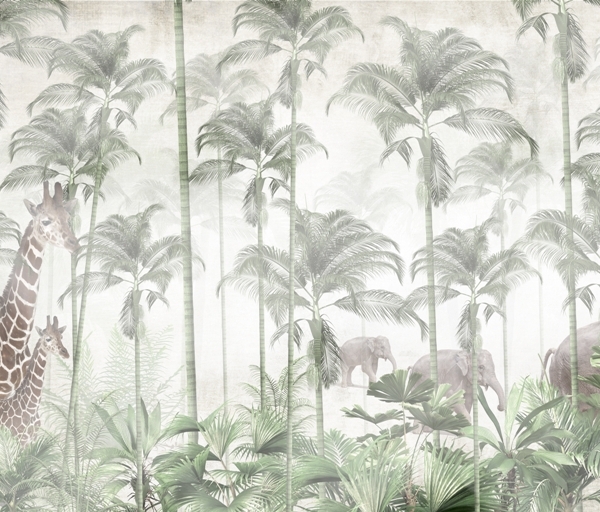 Nástěnná malba chodících žiraf a slonů