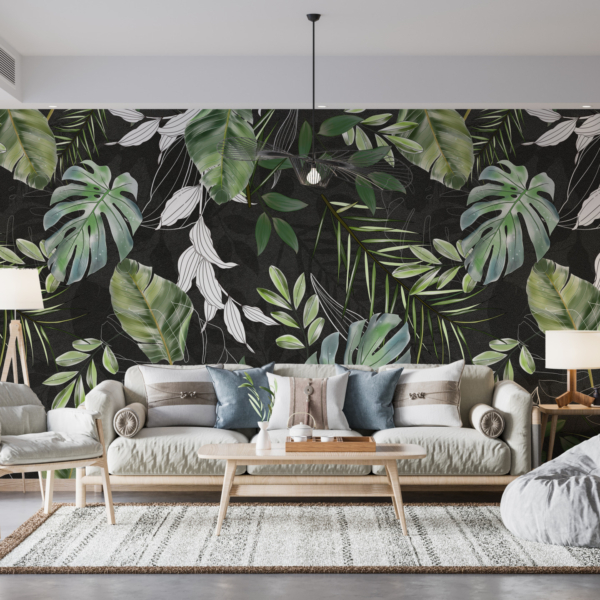 Nástěnná malba Tropické listy na černém pozadí