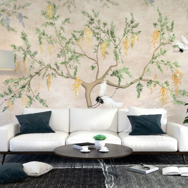 Nástěnná malba Tři odlétající jeřábi a strom