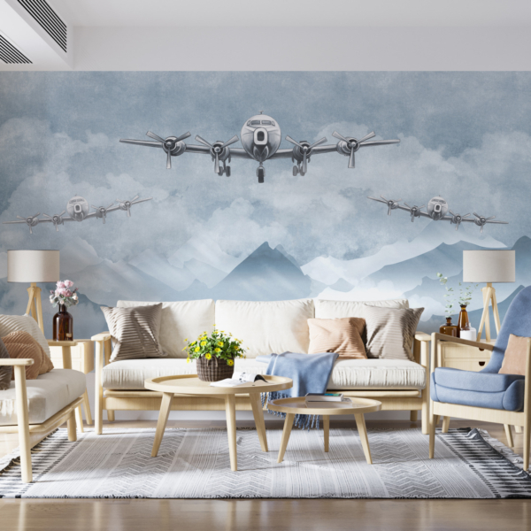 Nástěnná malba Tři letadla v modré barvě