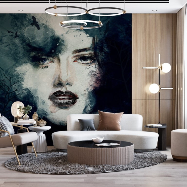 Nástěnná malba dívčí tváře na tmavém pozadí