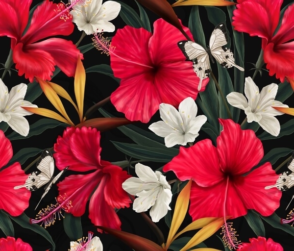 Nástěnná malba mezi červenými květy